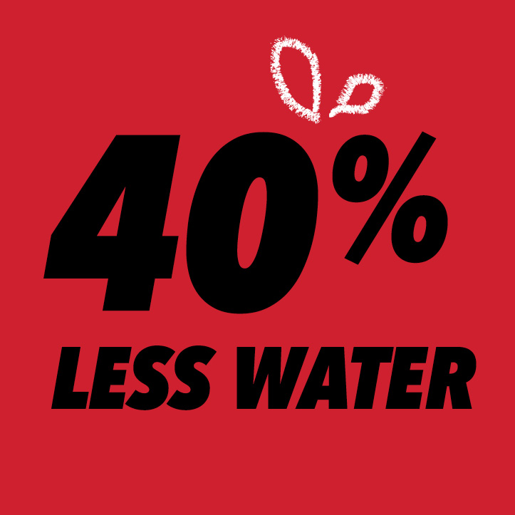 40% less water on red background with drawing of water droplets