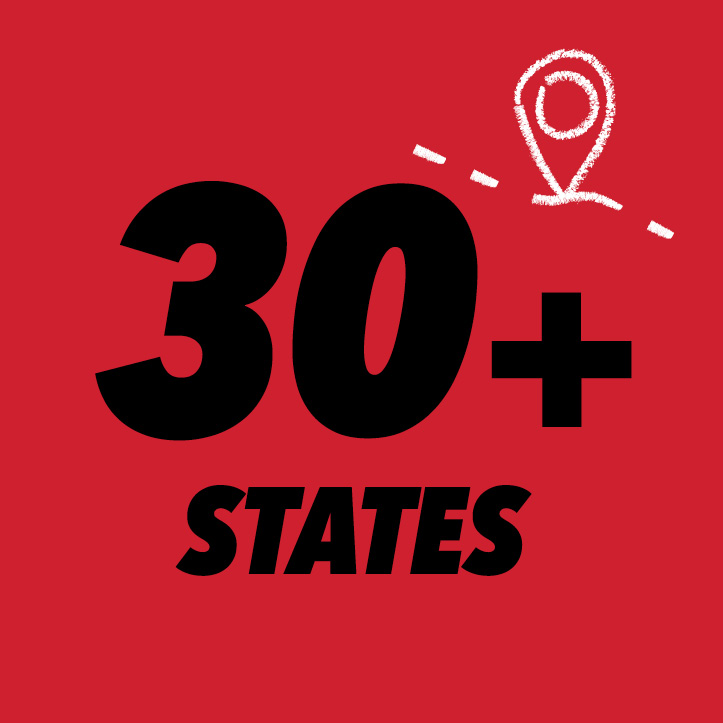 30+ states on red background with location pin drawing